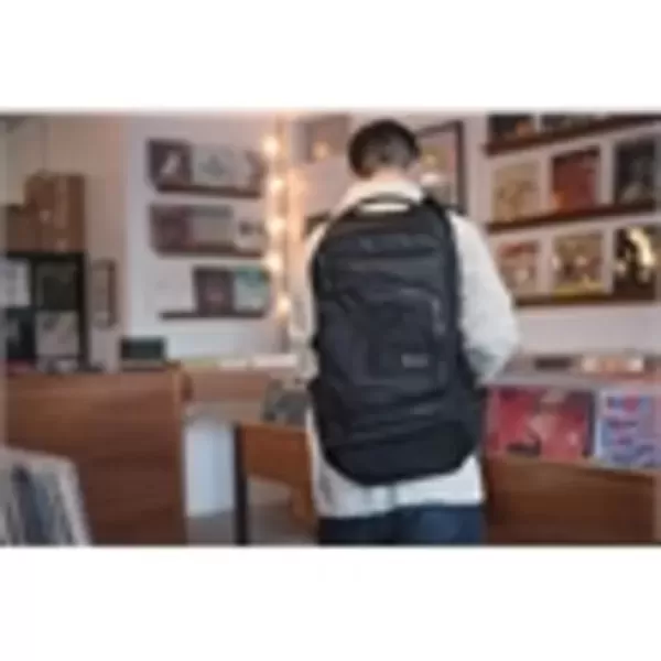 This backpack features a